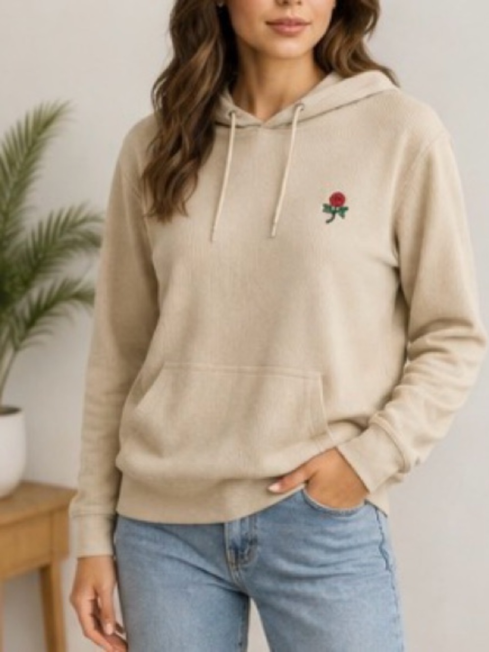Eighty Eight Brand Rose Embroidered Waffle Knit Hoodie Small Beige